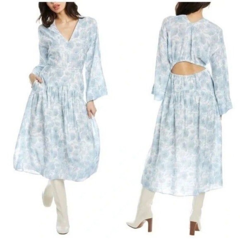 Vince Dahlia Print Long Bell Sleeves Double V Neck Rayon Flowy Maxi Dress